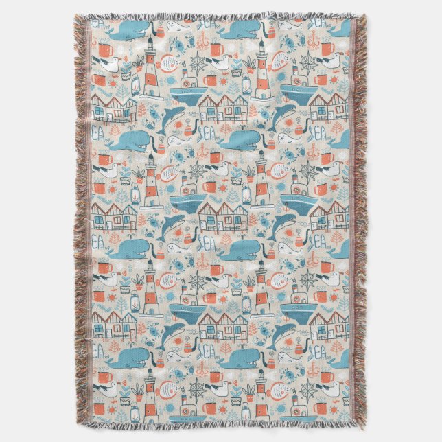 North Sea Cute Doodle Pattern Throw Blanket (Front Vertical)