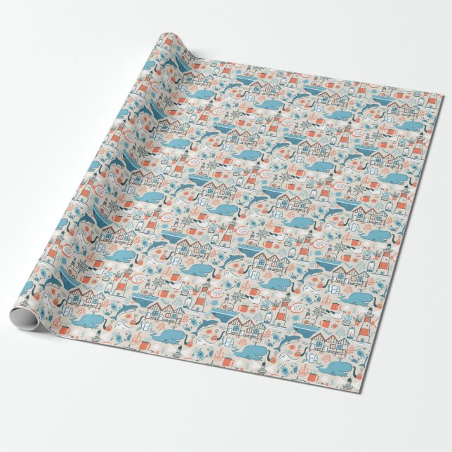North Sea Cute Doodle Pattern Wrapping Paper (Unrolled)