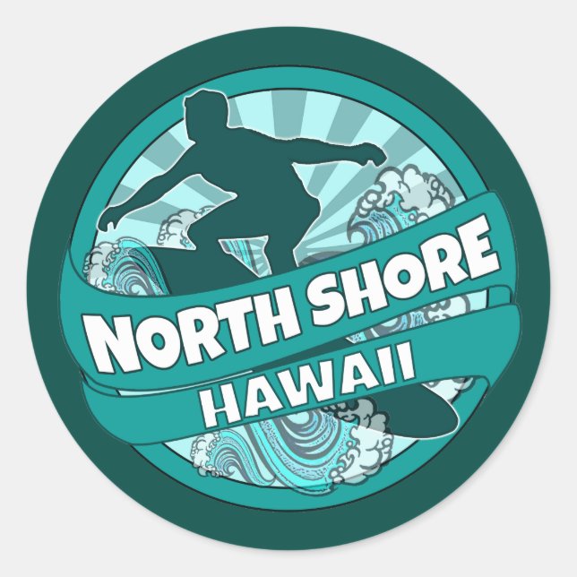 North Shore Hawaii teal surfer logo stickers (Front)