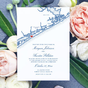 North Topsail Beach Map Elegant Navy Blue Wedding Invitation