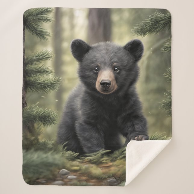 North Woods Little Black Bear Cub Sherpa Blanket (Front)