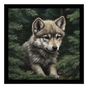 North Woods Wolf Cub Glossy Poster