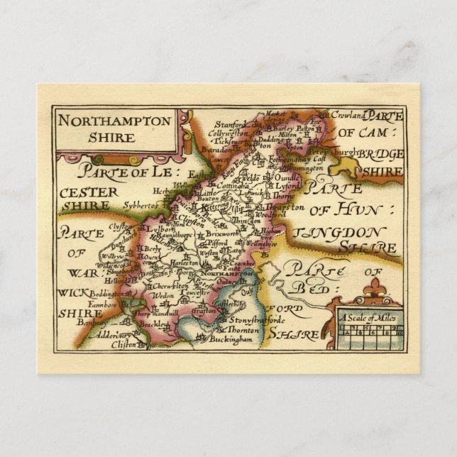 Northamptonshire County England Antiquarian Map Postcard (Front)