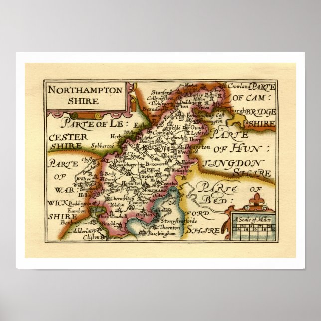 Northamptonshire County England Antiquarian Map Poster (Front)