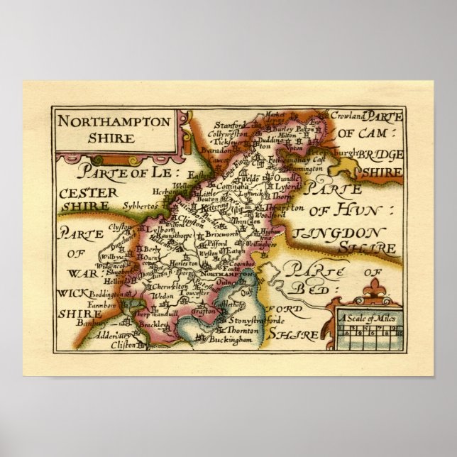 Northamptonshire County Map, England Poster (Front)