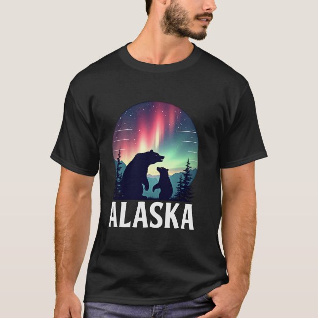 Northern Alaska Lights Viewing Mama Baby Polar Bea T-Shirt (Front)