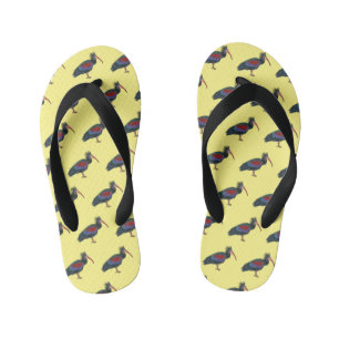 Northern bald ibis bird cartoon illustration kid's flip flops