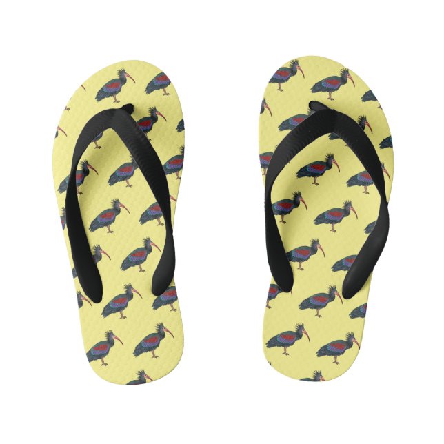 Northern bald ibis bird cartoon illustration kid's flip flops (Footbed)