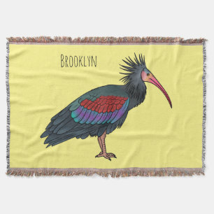 Northern bald ibis bird cartoon illustration throw blanket