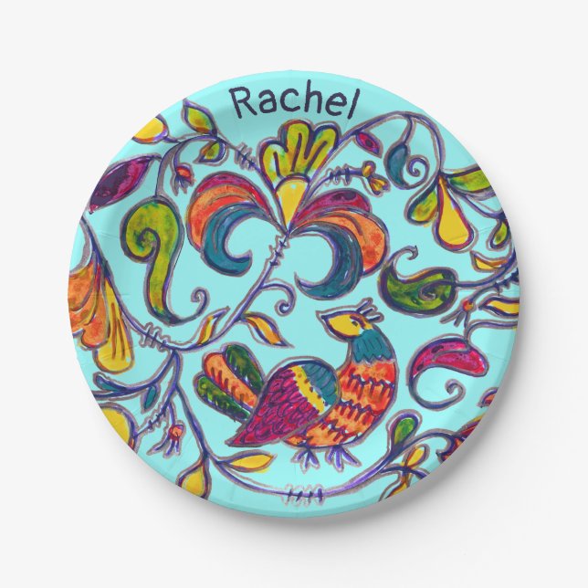 Northern Bird Folk Art and your name Paper Plate (Front)
