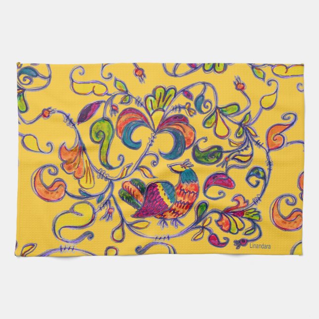 Northern Bird on Yellow Tea Towel (Horizontal)