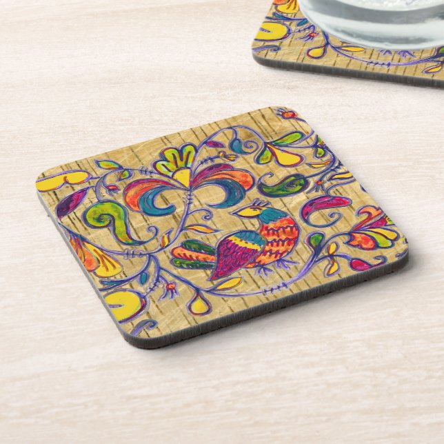 Northern Birds on wooden background Coaster (Left Side)