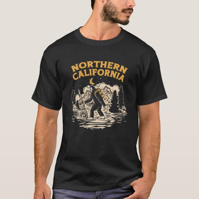 Northern California Hiking Bigfoot Night Mountains T-Shirt (Front)