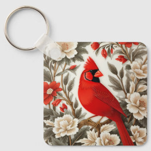 Northern Cardinal Bird Beautiful Floral Key Ring
