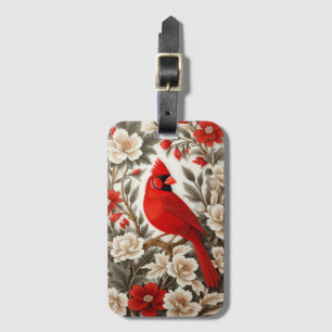 Northern Cardinal Bird Beautiful Floral Luggage Tag