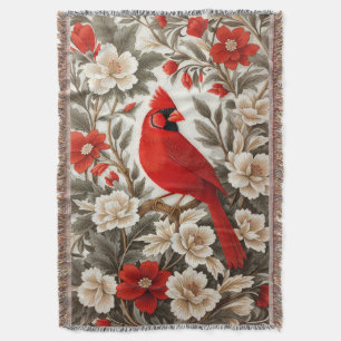 Northern Cardinal Bird Beautiful Floral Throw Blanket