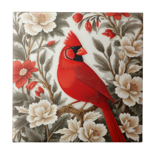 Northern Cardinal Bird Beautiful Floral Tile