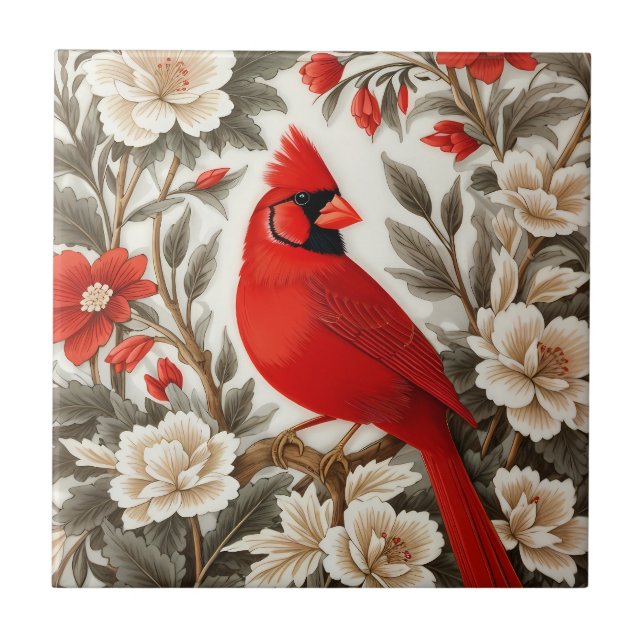 Northern Cardinal Bird Beautiful Floral Tile (Front)