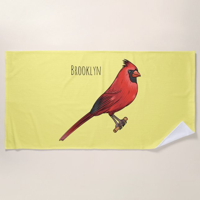Northern cardinal bird cartoon illustration  beach towel (Front)