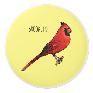 Northern cardinal bird cartoon illustration ceramic knob