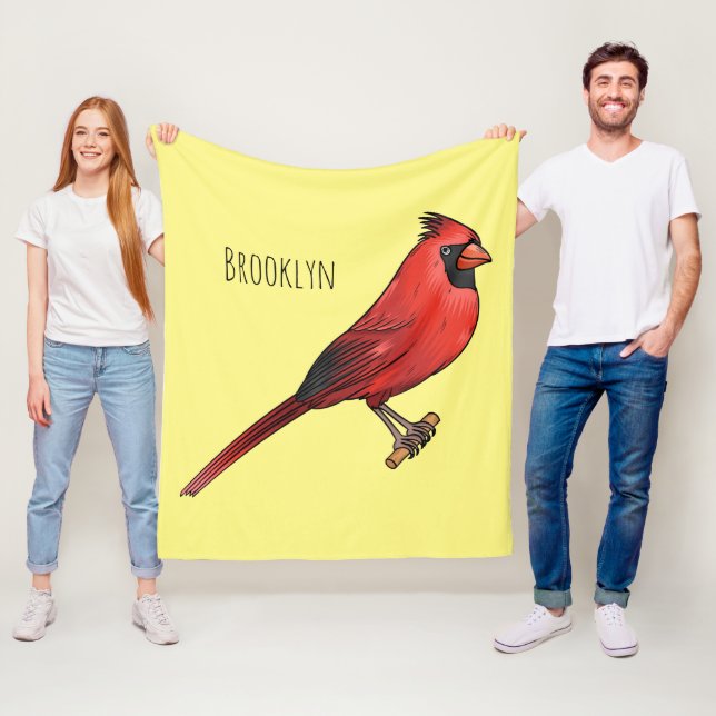 Northern cardinal bird cartoon illustration fleece blanket (In Situ)