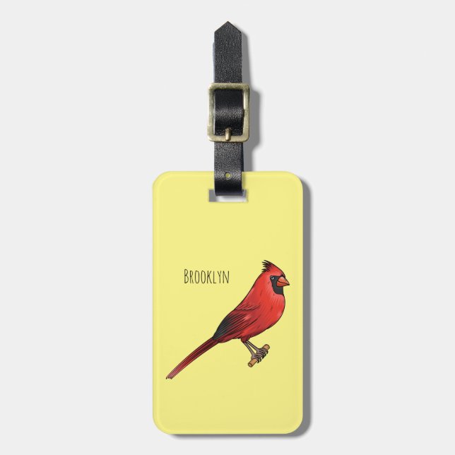 Northern cardinal bird cartoon illustration luggage tag (Front Vertical)