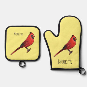 Northern cardinal bird cartoon illustration oven mitt & pot holder set