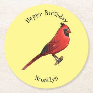 Northern cardinal bird cartoon illustration  round paper coaster