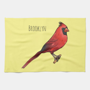 Northern cardinal bird cartoon illustration tea towel