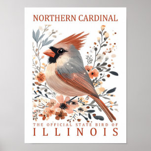 Northern Cardinal Bird of Illinois USA Travel Poster