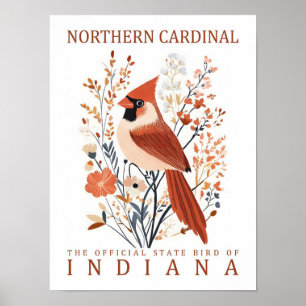 Northern Cardinal Bird of Indiana USA Travel Poster