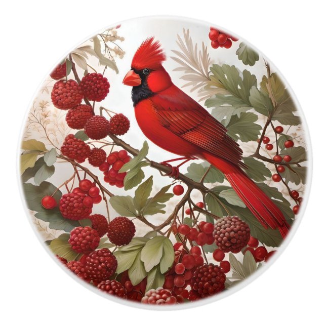 Northern Cardinal Bird Red Berries Ceramic Knob (Front)