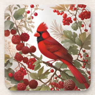 Northern Cardinal Bird Red Berries Coaster