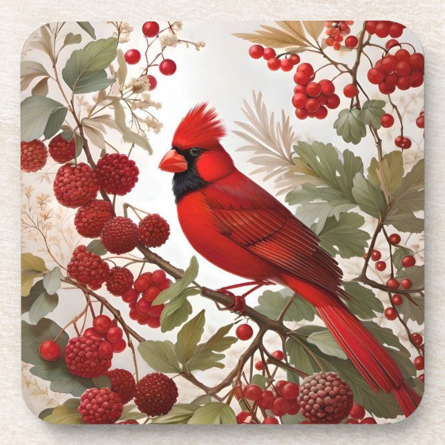 Northern Cardinal Bird Red Berries Coaster (Front)