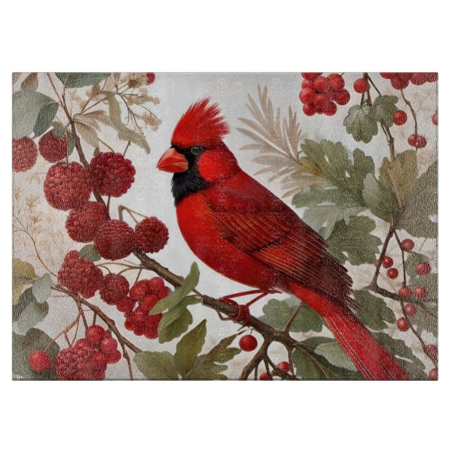 Northern Cardinal Bird Red Berries Cutting Board (Front)
