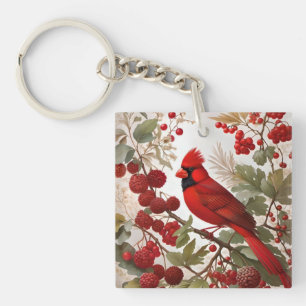 Northern Cardinal Bird Red Berries Key Ring
