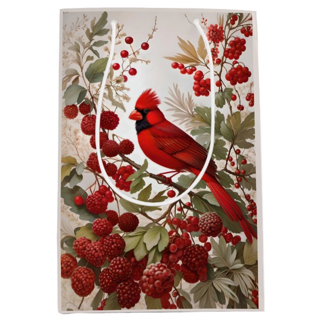 Northern Cardinal Bird Red Berries Medium Gift Bag (Front)