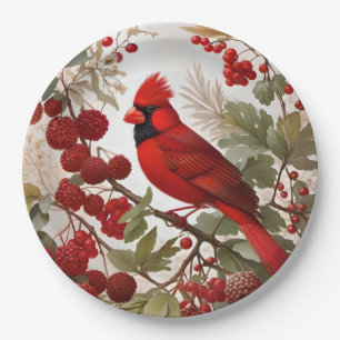 Northern Cardinal Bird Red Berries Paper Plate