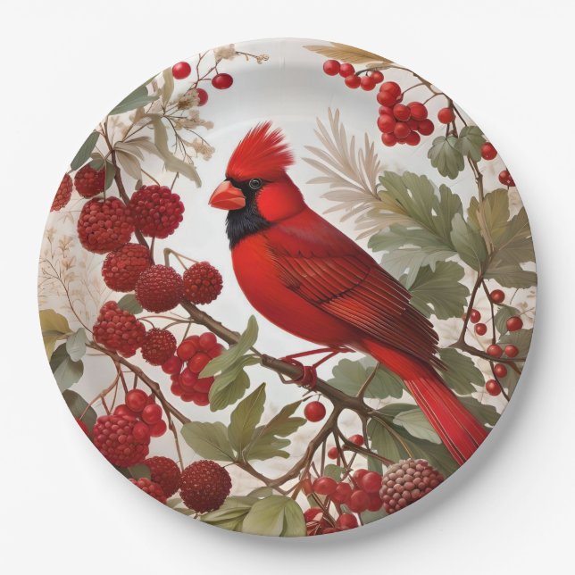 Northern Cardinal Bird Red Berries Paper Plate (Front)