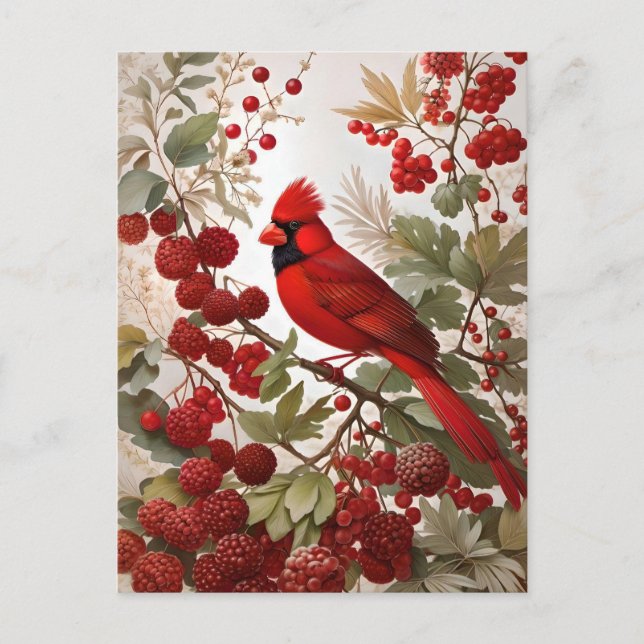 Northern Cardinal Bird Red Berries Postcard (Front)