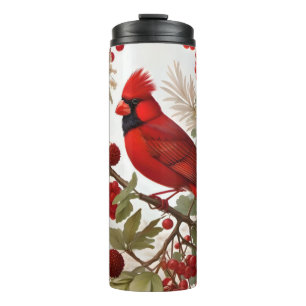 Northern Cardinal Bird Red Berries Thermal Tumbler