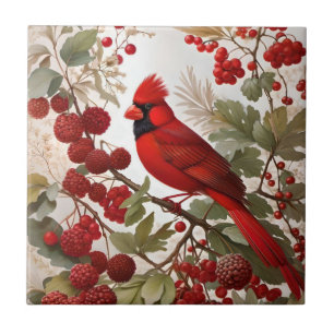 Northern Cardinal Bird Red Berries Tile