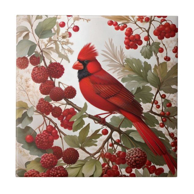 Northern Cardinal Bird Red Berries Tile (Front)