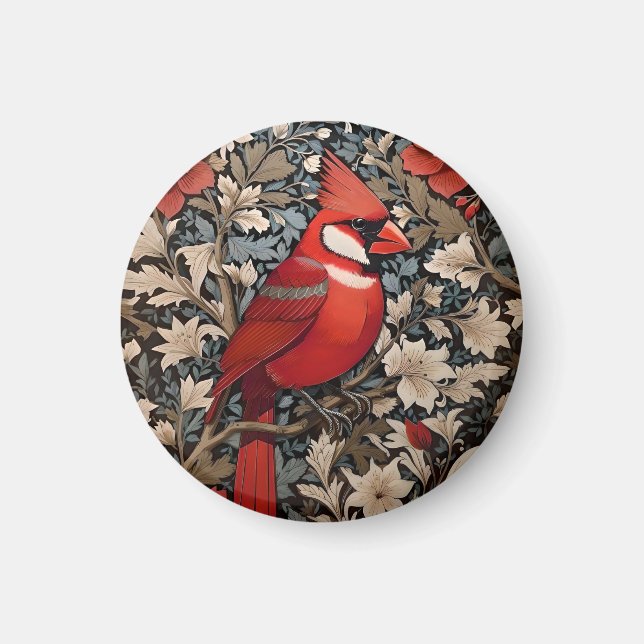 Northern Cardinal Bird William Morris Inspired Magnet (Front)