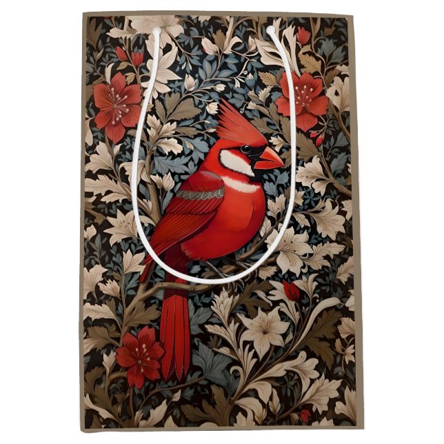 Northern Cardinal Bird William Morris Inspired Medium Gift Bag (Front)