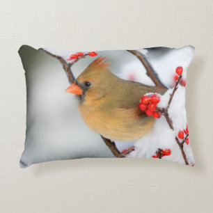 Northern Cardinal female on Common Winterberry Decorative Cushion