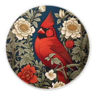 Northern Cardinal Floral William Morris Inspired Ceramic Knob