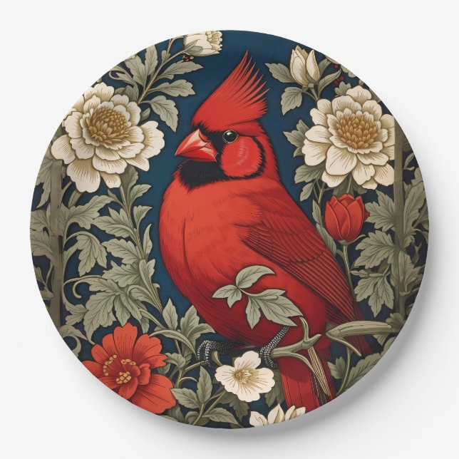 Northern Cardinal Floral William Morris Inspired Paper Plate (Front)
