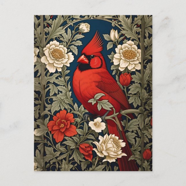 Northern Cardinal Floral William Morris Inspired Postcard (Front)