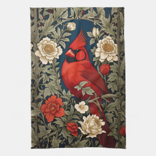 Northern Cardinal Floral William Morris Inspired Tea Towel